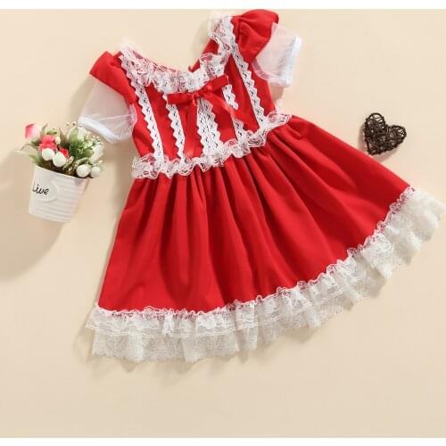 Summer Baby Girls Princess Dress Toddlers Sweet Style Lace Splicing Bow Decoration Mesh Short Sleeve Party Pageant Dress