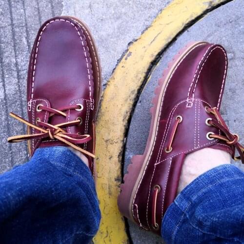 Men Loafers Casual Genuine Leather Docksides Deck Lace Up Boat Shoes Oil Wax Unisex Moccasins Trendy Tooling Boots Handmade