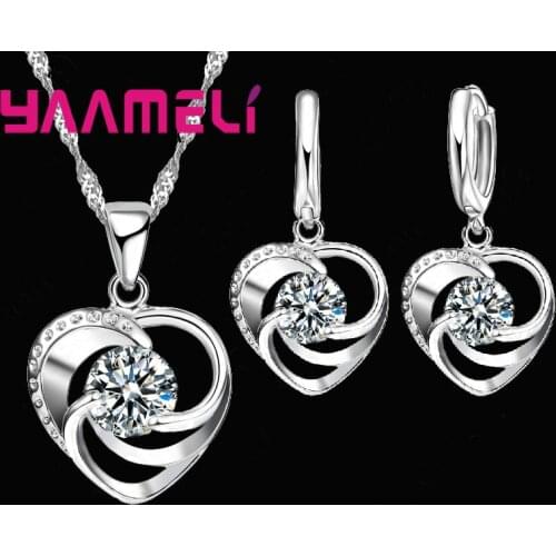 Enduring Mystical Pure 925 Sterling Silver Heart Shape Pendant Necklace Earrings Jewelry Set For Woman Girls Lady Gifts