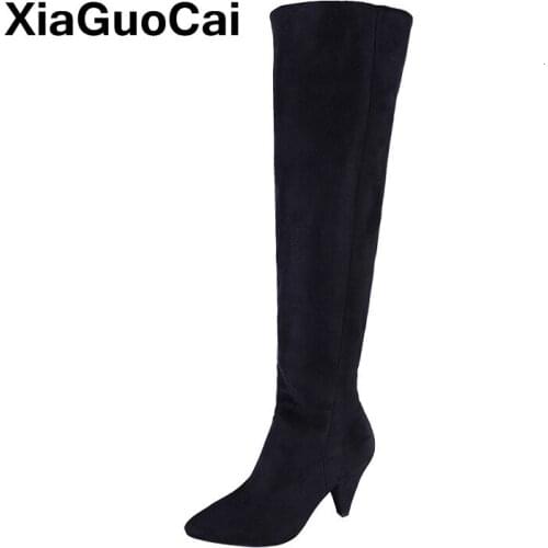 Autumn Winter Woman Over-the-Knee Boots Slip-on Pointed Toe Spike Heels Women Shoes Black Long Boots Sexy Ladies Comfortable