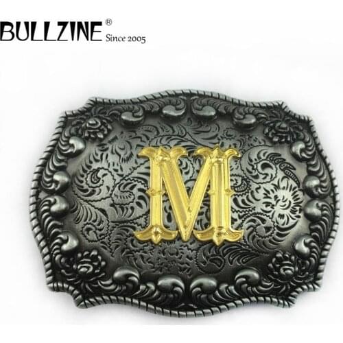 The Bullzine letter M belt buckle with pewter and gold finish FP-03687-M suitable for 4cm width belt