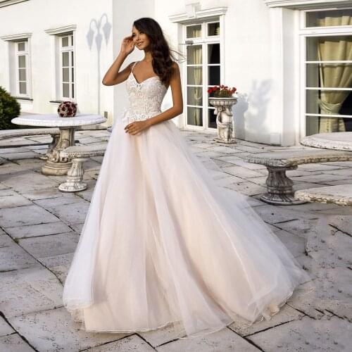 Gorgerous Wedding Dress Beading Spaghetti Straps Appliques A Line Tulle Bridal Dresses Backless Long Gown