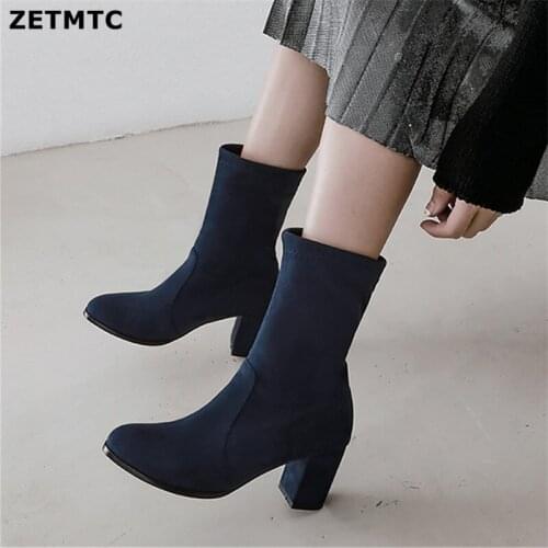 New Stretch socks boots Women Shoes Slip ankle boots spring winter elegant Square high heels shoes female 2019 Spring Plus size