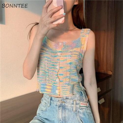 Camis Women Multi-color Knitted Inside Summer Fashion Design Crop Tops Club Streetwear Slim Sweet Sexy Girls Sleeveless Elastic