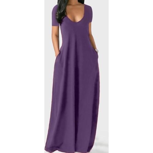 Plus Size Women Long Dress Solid V-neck Pockets Short Sleeve Dress Casual Beach Dresses Ladies Sundress 2021 Party Dresses