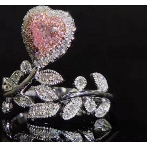 Cute Bling Pink Heart Stone Silver Adjustable Leaf Ring for Women Fashion Jewelry Wedding Engagement 2021 Trend