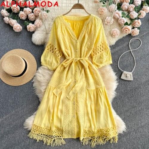 ALPHALMODA 2021 Summer Hollow Out Sashes Women Sweet Smmer Dress V-neck Tassel Hem Ladies Graceful Shirt Dress