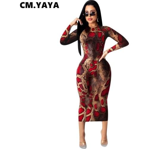 CM.YAYA Fall Winter Street Leopard Print Women Midi Dress Long Sleeve Active Bodycon Sexy Club Party Pencil Mid-Calf Dresses