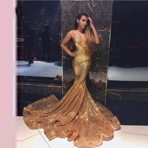 2019 New arrival Evening Dresse Formal vestido noiva sereia prom party robe de soiree sequin gown cheap gold sexy gown dress