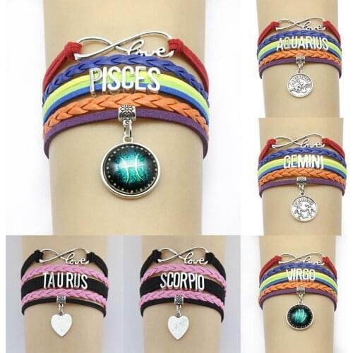 10PC/Lot Infinity love 12 Constellation Bracelet Zodiac Sign Charm Leather Wrap Men Bracelets & Bangles For Women Jewelry