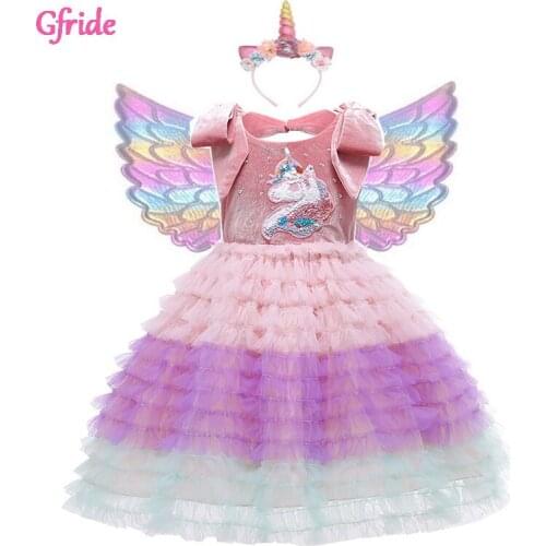 Girls Unicorn Costumes Kids Sequined Tutu Dress Bow Sleeve With Headband Wings Princess Fancy Birthday Theme Party Costumes Pink