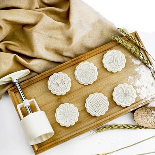 DIY 50g Round Flower Mooncake Mould 6 Stamps Moon Cake Decor Baking Tool