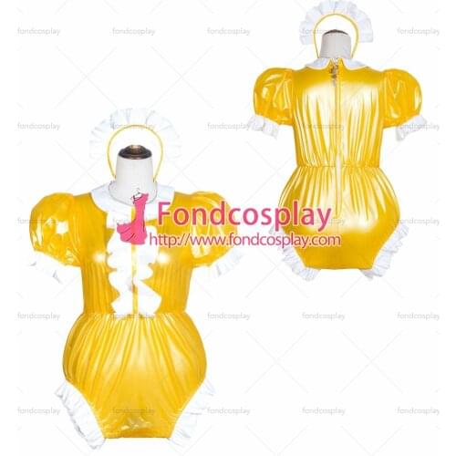French Sissy Maid yellow Clear Pvc Romper Lockable Uniform Cosplay Costume Tailor-Made[G4066]
