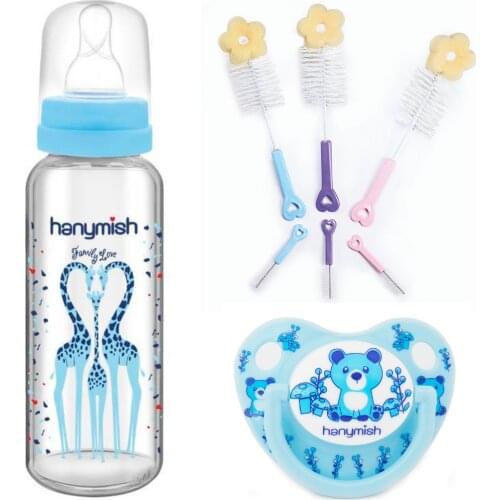 Hanymish Cam Biberon 240 ml, Biberon ve Emzik Temizleme Fırçası Ve Damaklı Emzikten Oluşan Yenidoğan Bebek İçin 3'lü seti