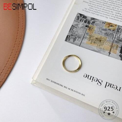 Besimpol Real 925 Sterling Silver Rings Golden Mobius Zirconium Diamond Ring For Women Fashion Fine Jewelry Anniversary Gifts