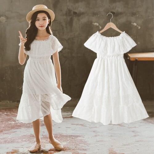 Summer White Long Girl Dress Tulle Korean Evening Off Shoulder Dress Girls Boutique Outfits Robe Enfant Chidlren BW50DR