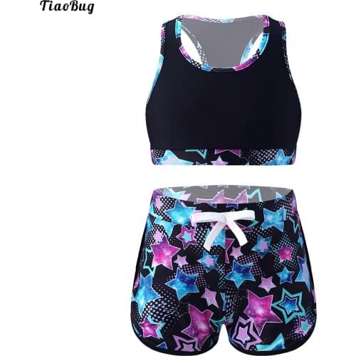 TiaoBug Summer 2Pcs Kid Girls Print Swimsuit Round Neck Sleeveless Crop Top And Shorts Set Beach Pool Swimming Bathing Swimwear