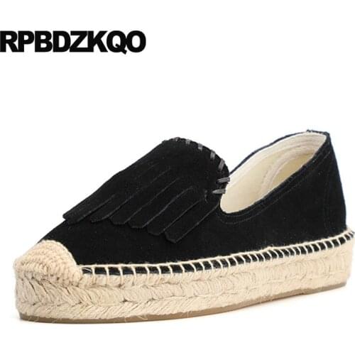 Fisherman Muffin Black Suede Flats High Quality Fringe Ladies Platform Tassel Loafers Hemp Slip On Espadrilles Creepers Shoes