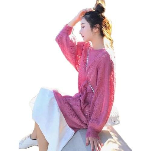 New Two Piece Set Women Knitted Dress Pullover Mid-length Korean Fashion 2021 Puff Sleeve Hollow Knitted Net Sweater Women