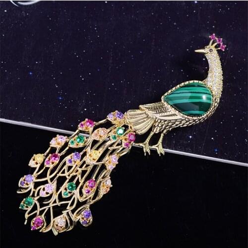 OKILY Luxurious Malachite Phoenix Brooches for Women Dress Accessories Colorful CZ Animal BroochPins Winter Sweater Jewellry