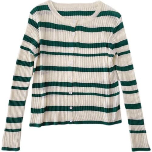 Autumn new Korean style simple wind casual hit color striped long-sleeved knitted cardigan sweater
