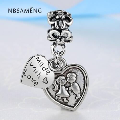 Silver Plated Bead Charm Vintage Love Kiss Double Heart Pendant Beads Fit Women DIY Bracelets & Bangles Jewelry
