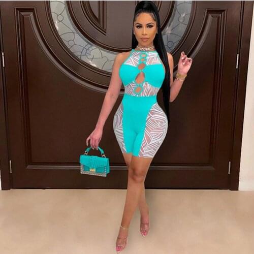 Sexy Mesh Sheer Patchwork Playsuit Women Sleeveless Hollow Out One Piece Outfits Party Bodycon Rompers Womens Jumpsuit Shorts