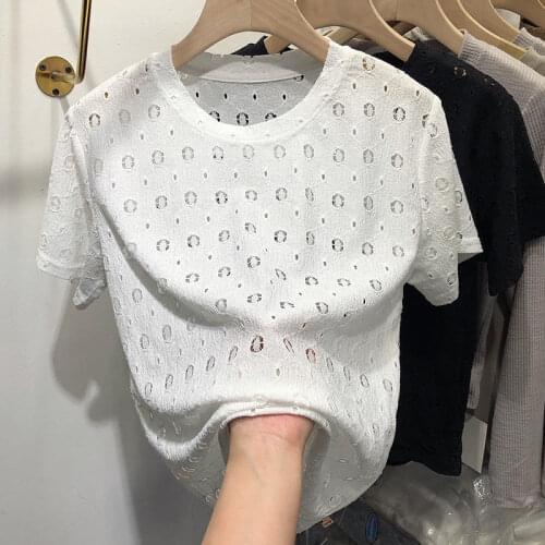Lace Hollow Out Solid Women White T-Shirts Summer New 2021 O-Neck Solid Causal All Match Short-Sleeved Office Lady Pulls Tops