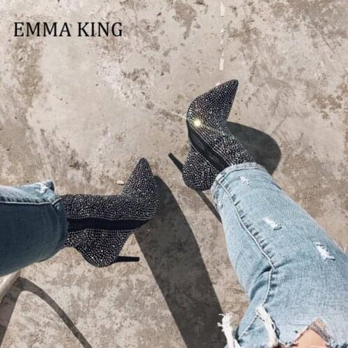 2020 Fall Winter Women Rhinestone Ankle Boot Single Crystal Hotfix Bling Thin High Heels Sexy Pointed Toe Chelsea Botas de Mujer