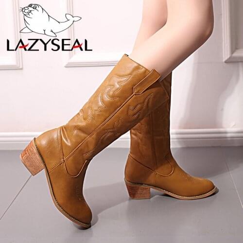 LazySeal Women Knee High Long Boots For Famale Fashion Women Leather Wood Heel Womens Boots Winter Shoes Woman Plus Size 34-43