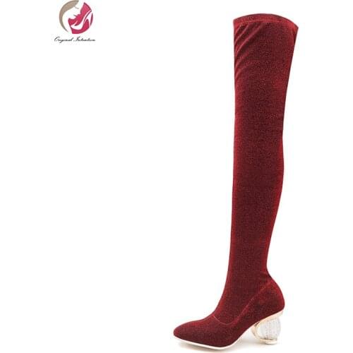 Original Intention New Popular Fashion Over Knee High Boots Woman Sequins Red Green Gold Sexy Crystal Heels Elegant Sock Boots