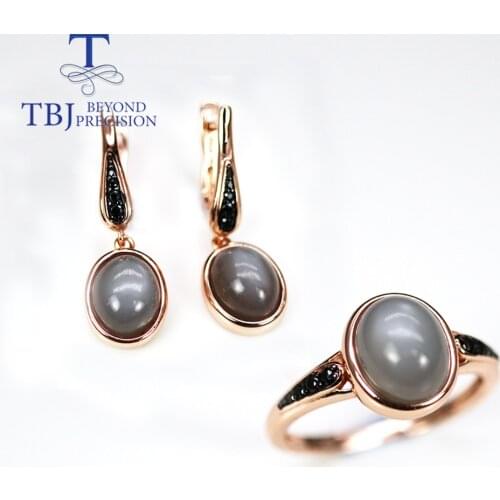 10.5ct natural grey moonstone jewelry set oval 8*10mm gemstone clasp earring ring 925 sterling silver fine jewelry for women