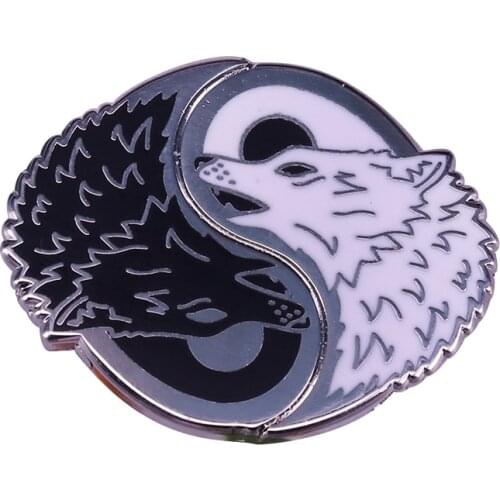 Black and white wolves badge yin yang eight diagrams inspired pin amulet gift cool jackets bag accessory