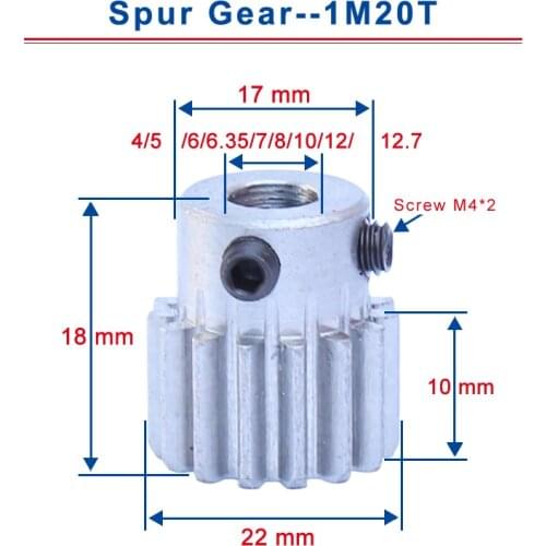 1 Piece 1M20T Spur Gear Bore 4/5/6.35/7/8/10/12/12.7 mm Motor Gear Low Carbon Steel Material High Quality metal Gear for motor