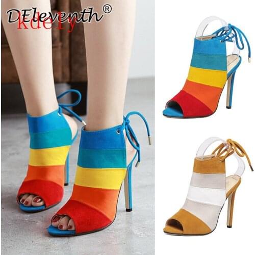2020 Hot Women Sandals Bandage Flock Cross Strap Lace Up High Heels 10CM Sandal Femme Fashion Mixed Colors Summer Sandals Shoes