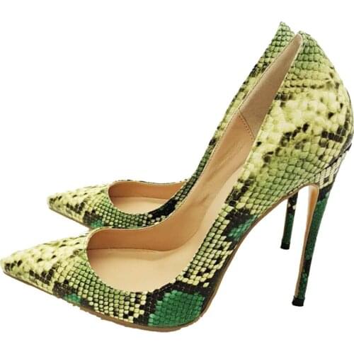 2021 Spring Womens Pumps Classic Single Shoe Pointed Toes Thin Heel High Heels Shoes Woman Green Snake Print Sandals Femininas