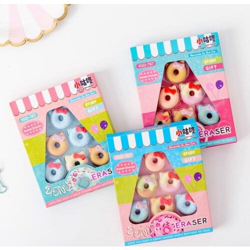 8 set/lot Creative bowed cat doughnuts box packing eraser / rubber eraser suit / student eraser/toy children gift/stationery