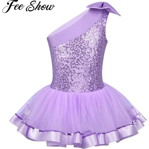 Summer Kids Girls One Shoulder Ballet Tutu Dress Shiny Sequins Ballet Leotards Children Gymnastics Leotard Stage Dance Costume
