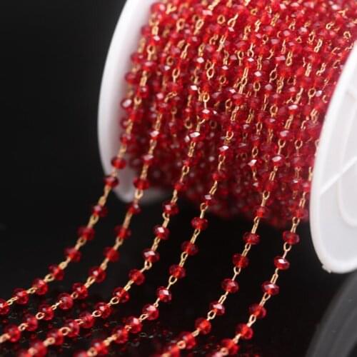 DIY Necklace Bracelet Jewelry Crafts,Faceted Rondelle Beads Link Brass Wire Wrapped Chains,2x3mm Red Clear Glass Rosary Chains