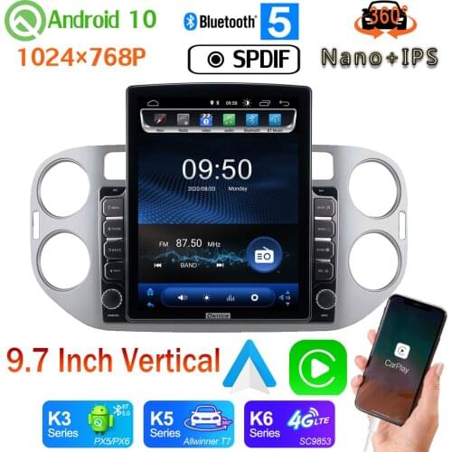 Head Unit Android auto 9.7" Tesla Style PX6 4+64G GPS Android 10.0 Radio For Volkswagen VW Tiguan 2010-2017 360 Camera Car Media