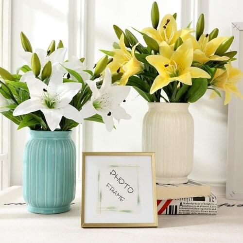 Artificial Flower 3 Heads Mini Feel Fresh Lily PVC Fake Flower Wedding Home Desk Decoration Bouquet