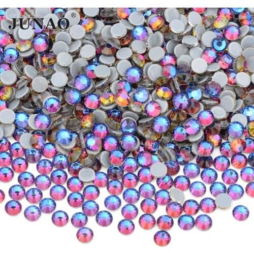JUNAO SS6 10 12 16 20 30 Blue Flame Hotfix Glass Rhinestone Applique Flat Back Crystal Stone Iron On Strass Diamond for Colthes