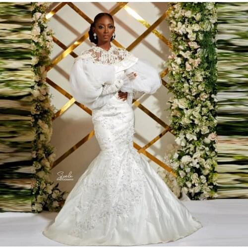 Unique Designe Lace Wedding Dresses Extra Puffy Tulle Sleeves Mermaid Aso Ebi Bridal Wedding Dress Long Zipper Back Plus Size