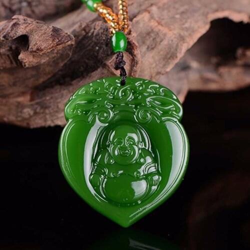 KYSZDL Beautiful natural Hand-carved heart-shaped green yu stone laughing Buddha pendant Women necklace pendant jewelry gifts