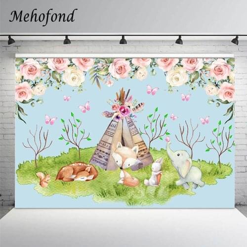 Mehofond Woodland Animals Girl Birthday Party Backdrop Decoration Jungle Grassland Flower Photography Background Photo Studio