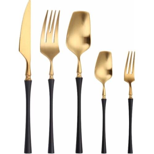 Black Gold Matte Cutlery Set Stainless Steel Dinnerware Set 5Pcs Knives Forks Coffee Spoons Kitchen Dinner Luxury Tableware Set