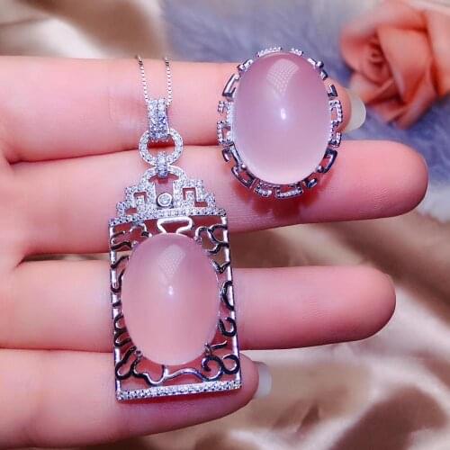 New Coming Natural and Real Natural Rose Quartz jewelry set Natural Real Rose Quartz 925 sterling silver 1pc pendant,1pc ring