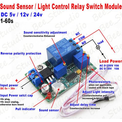 DC 5V 9V 12V 24V Sound Sensor / Light Control Delay Turn off Switch Relay Module