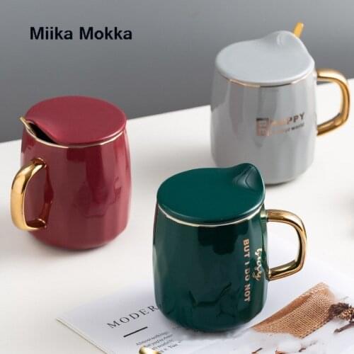 Simple Coffee Mug with Lid Spoon English Print Ceramic Mug Gold Inlay Water Cup Milke Cup Coffee Cup Gifts Drinkware 500ml