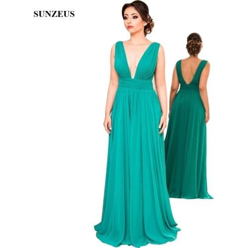 Simple Sexy Mother Of The Groom Dresses 2020 Long Green Chiffon Bridal Mother Dress A-line Deep V-neck Backless Party Gown CM097